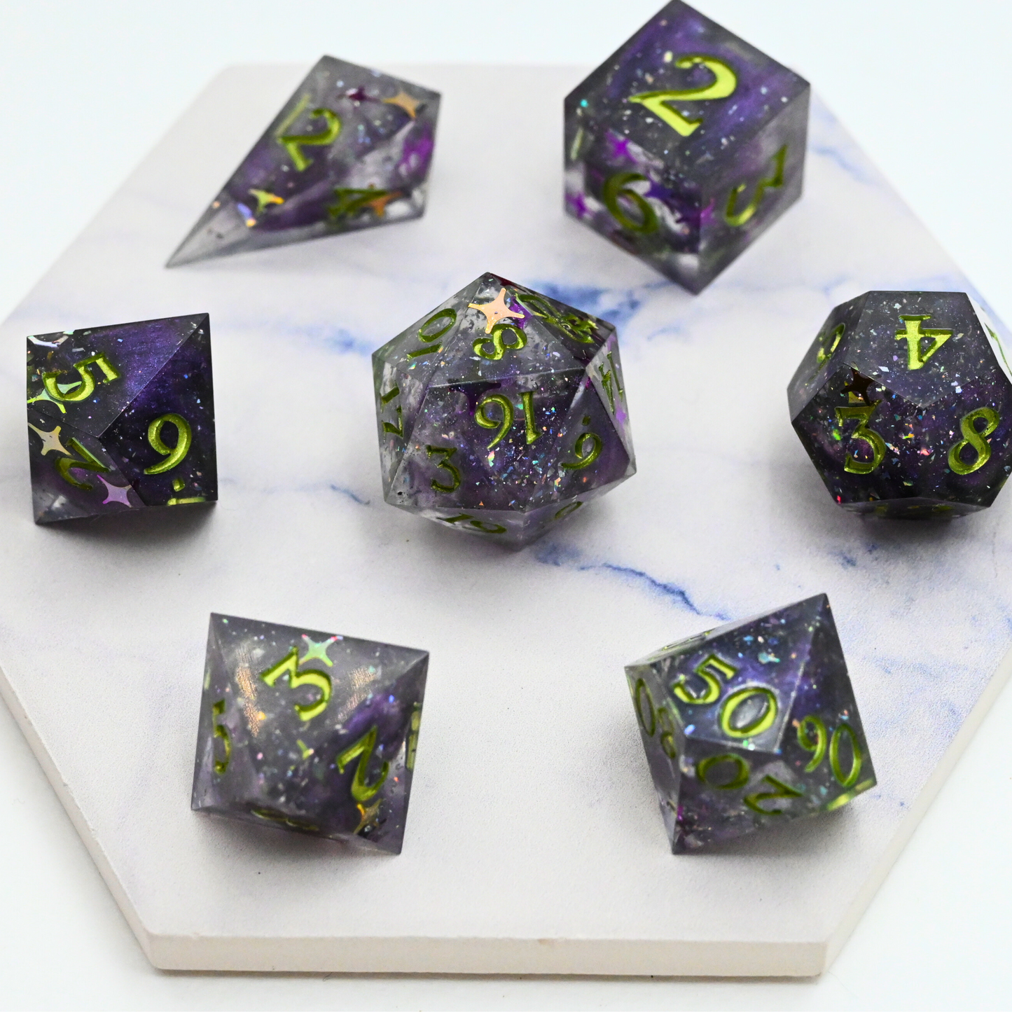 Purple and Green Stars Experimental Dice Set